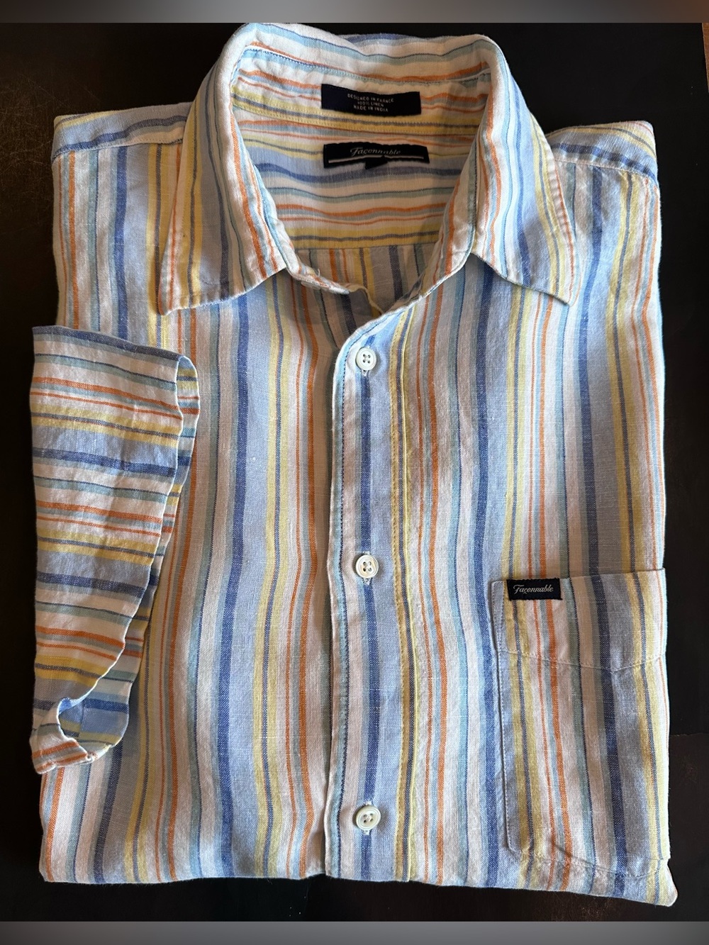 FACONNABLE mens XL 100% LINEN short Sleeve SHIRT Beach Stripes Summer Button Up